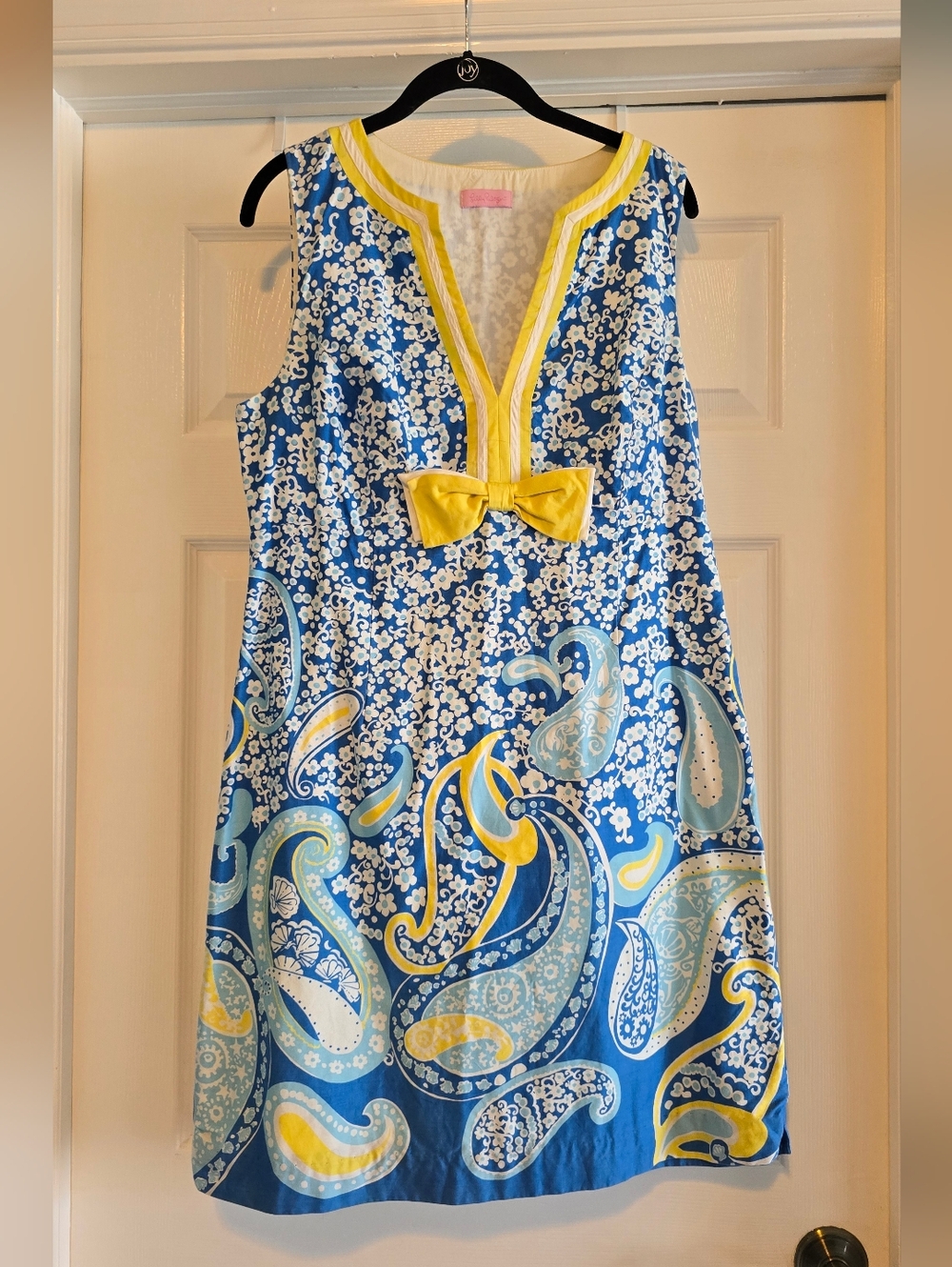 Blue and Yellow Paisley V-Neck Shift Dress